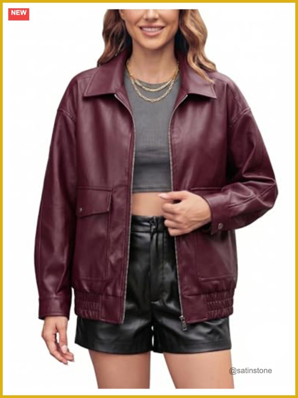 Oversized Faux Leather Motorcycle Coat with Double Pockets